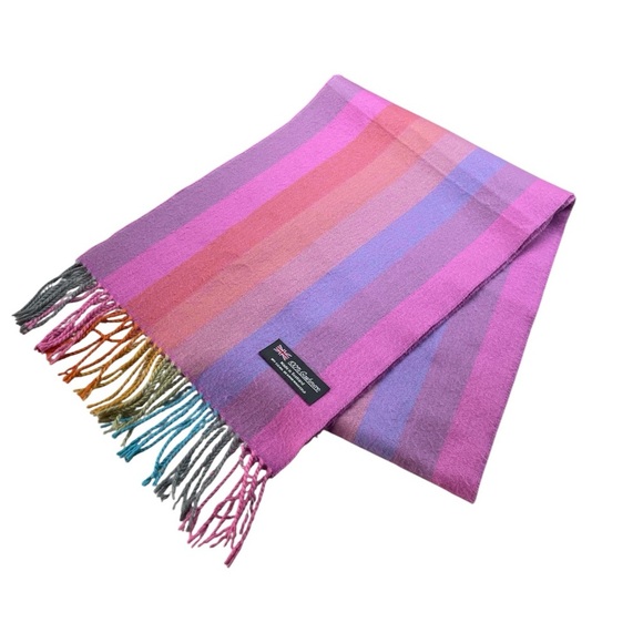Made In Scotland Women’s Scarf 100% Cashmere Striped Fringe Pastel Winter Soft - Picture 1 of 8